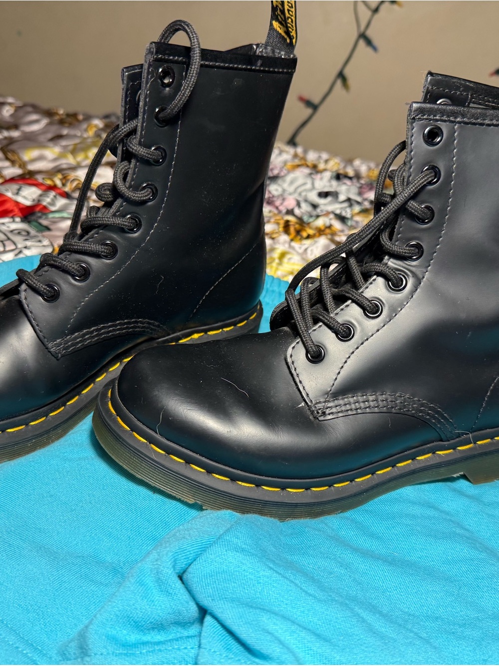 Dr. Martens Black Leather Lace-Up Boots with Yellow Stitching